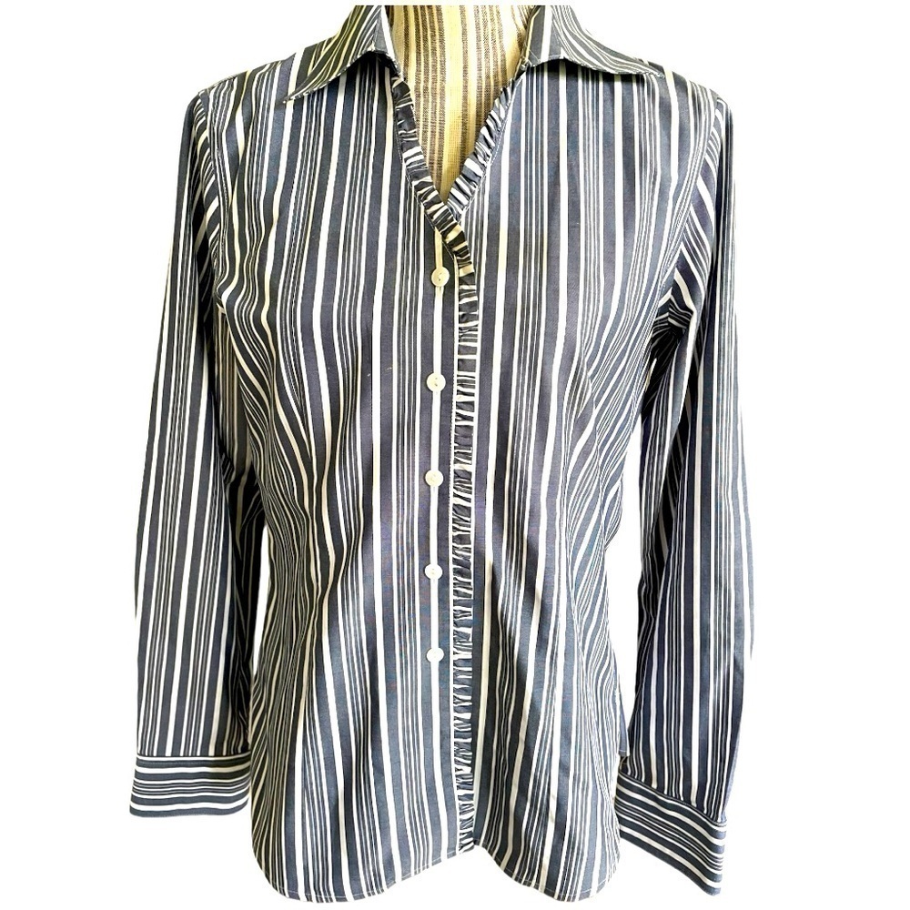 Foxcroft woman’s button down, size 4,ruffle front detail, no iron,no stains, EUC